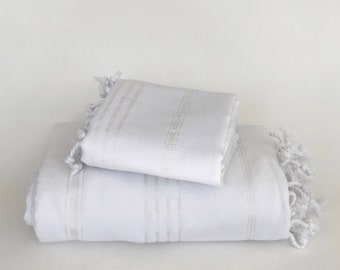 turkish towel set, body and hand towel, peshtemal and peshkir, floss & white, cotton, highly absorbent, soft,  hammam, spa,  guest towel set