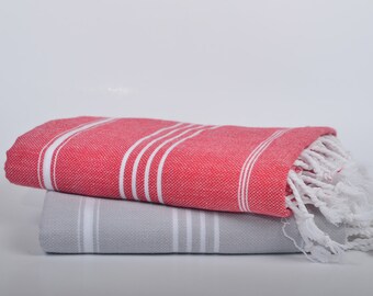 2 turkish towels, red & gray peshtemals, highly absorbent, great quality, quick dry, bath towel, baby blanket, throws, spa and yoga towels