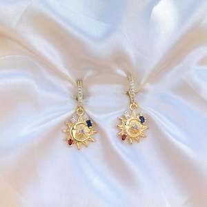 18K Gold Plated Sun Charm Hoop Earrings, Celestial Pavé Lever Backs