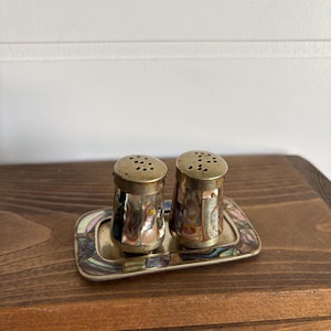 Vintage Abalone Salt & Pepper Shakers | Iridescent Shell | Mid Century Table Decor