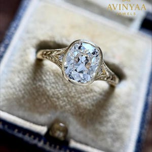 1.75CT Cushion Cut OMC Moissanite Ring, Bezel Set Filigree Engagement Ring, Art Deco Engraved 18K Gold Vintage Solitaire Ring