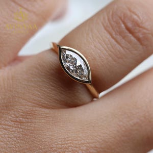2CT Marquise Cut Solitaire Ring in Bezel Setting | Minimalist 14K Gold Engagement Ring | Unique Marquise Diamond Ring for Her