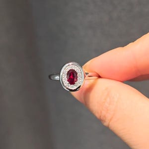 Könnte beinhalten: Ein silberfarbener Ring mit einem zentralen, oval geschliffenen, tiefroten Edelstein, der von einem Kranz aus kleinen, klaren, funkelnden Steinen umgeben ist. Die Fassung ist glatt und poliert, mit einer schmalen Ringschiene.