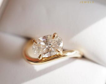 1.5 CT Oval Moissanite Engagement Ring | Curved Wave Band Ring | Unique Oval Cut Promise Ring | Dainty Moissanite Wedding Ring for Her