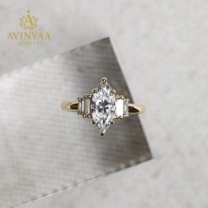 2 Ct Marquise and Baguette Diamond Ring | Bold & Timeless Tiered Design | Luxe Gold Setting | Unique Engagement or Statement Ring