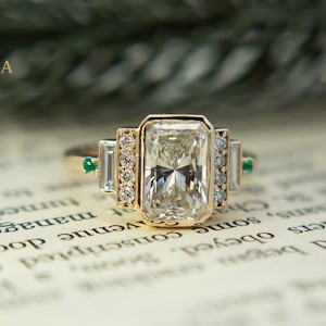 2 CT Radiant Cut Moissanite Ring | Vintage Bezel Set Engagement Ring with Baguette & Green Diamond Accents | Custom Heirloom Jewelry