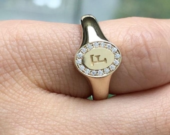 Custom Initial Signet Ring | Diamond Halo Letter Ring | Personalized Signet Ring for Women | Unique Gift for Her | Custom Engraved Ring