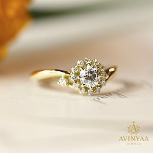 Floral Cluster Diamond Engagement Ring | Round Moissanite Halo in Yellow Gold | Vintage-Inspired Unique Flower Ring | Promise Ring for Her