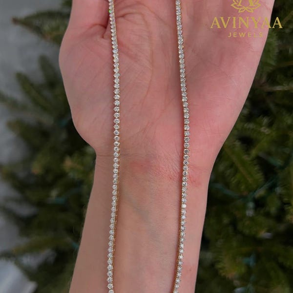 Collana tennis con diamante sintetico da 2,5 mm / Catena in oro giallo 14 carati / Collana minimalista con diamante / Montatura a 3 griffe / Regalo per lei