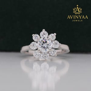 2 CT Round Diamond Cluster Ring | Floral-Inspired White Gold Statement Ring | Elegant Engagement or Cocktail Ring