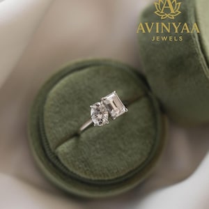 Oval and Emerald Cut Toi et Moi Ring | Two Stone Engagement Ring | Unique Double Stone Ring | Solid Gold Promise Ring for Her