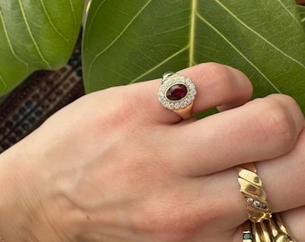 Red Stone Signet Ring | Vintage Flower Pinky Ring | Oval Ruby Ring Gold | Art Deco Halo Statement Ring | Gift for Her