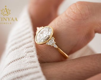 2 CT Oval Bezel Engagement Ring | Marquise & Round Accent Gold Ring | Modern Yet Vintage Inspired | Dainty Luxe Bridal Jewelry