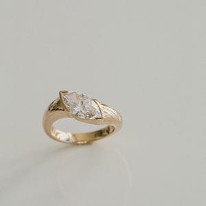 1.8 CT Marquise Cut Diamond Ring | Sculptural Yellow Gold Solitaire Engagement Ring | Unique Artistic Band Design for Her