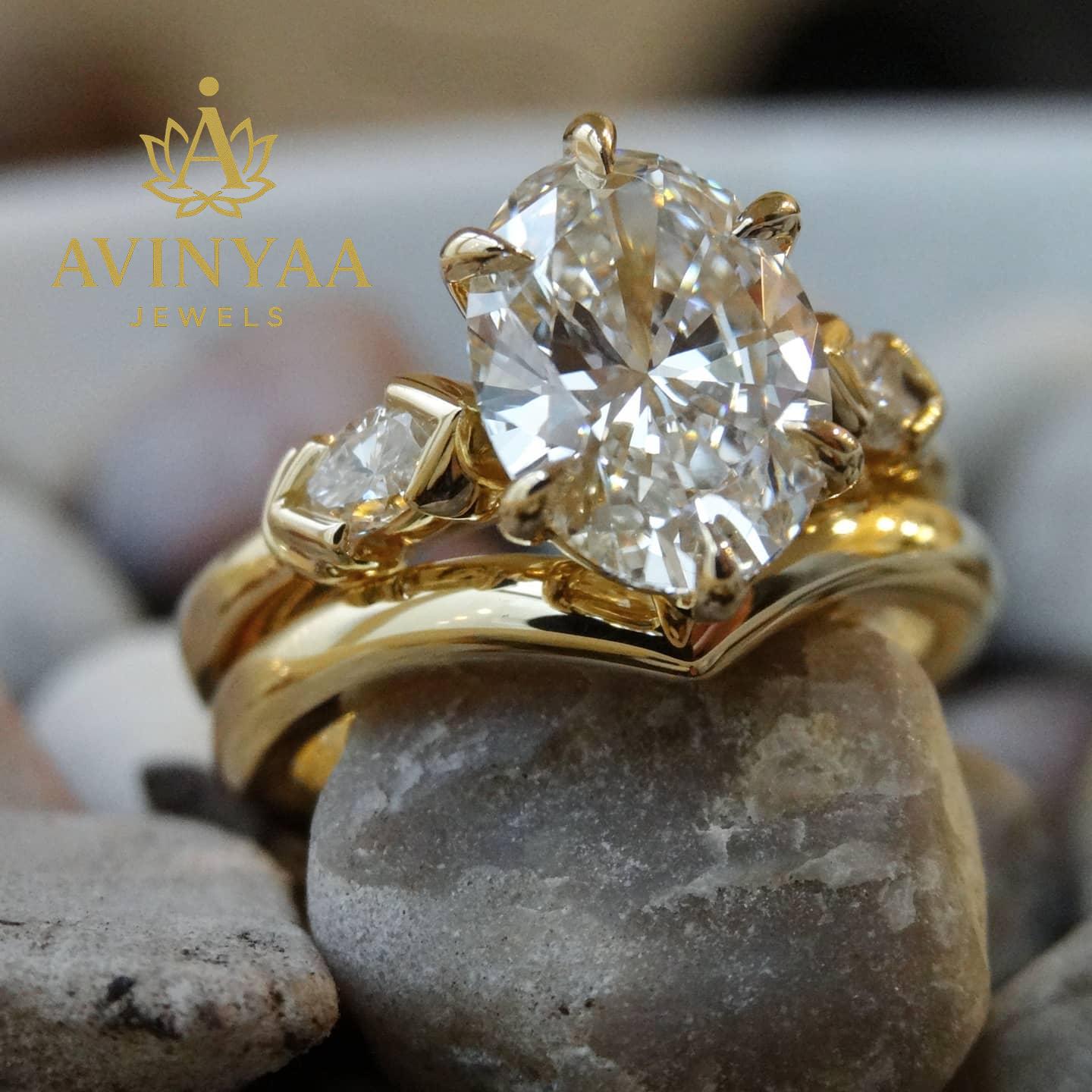 2 CT Oval Cut Moissanite Engagement Ring | Paired with Matching V Band | Elegant Gold Setting | Perfect for Bridal Wedding Set Lovers