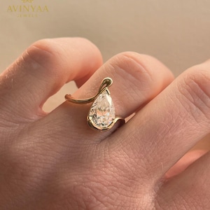 2.5CT Pear Cut Moissanite Wave Band Ring | Unique Gold Solitaire Engagement Ring | Modern Open Band Statement Ring for Her