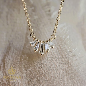 Baguette Diamond Bar Necklace | 0.60ct Minimal Cluster Pendant in 14K Gold | Dainty Bridal Gift | Stacking Layered Necklace for Her