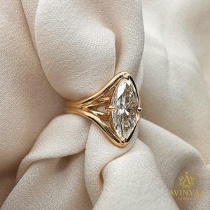 2.5 CT Marquise Cut Diamond Solitaire Ring | Sculptural Yellow Gold Statement Ring | Bold Modern Engagement Ring for Her