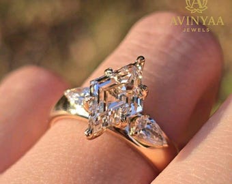 Lozenge Cut Moissanite Ring | Three Stone Pear Side Ring | Wide Cigar Band Engagement Ring | Unique Solitaire Promise Ring | Bridal Gift