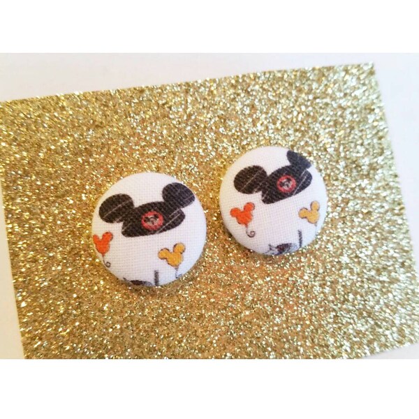 Disney Park Mickey Balloons and Ear Hat Disney Inspired Fabric Covered Button Earrings for Women, Teens, Girls, Kids.