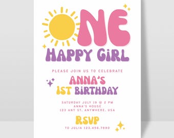 One Happy Girl First Birthday Invitation, First Birthday Party, 1st Birthday Invitation, Girl’s Birthday Party, Canva Editable Template