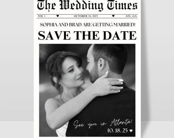 Newspaper Save The Date Card, Vintage Save The Date Card, The Wedding Times Newspaper,  Save The Date, Canva Editable Template