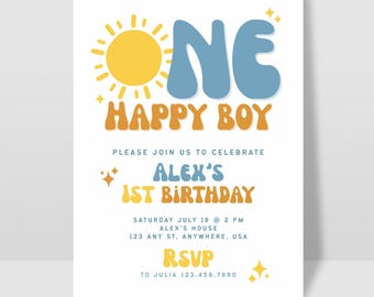 One Happy Boy First Birthday Invitation, First Birthday Party, 1st Birthday Invitation, Boy’s Birthday Party, Canva Editable Template