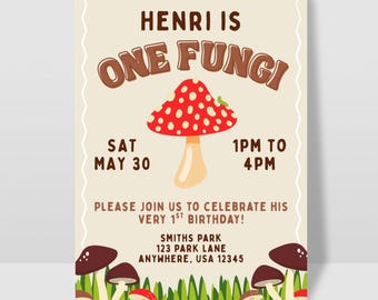 One Fungi Boy’s First Birthday Editable Invitation, First Birthday Invite, Mushroom and Woodsy Party