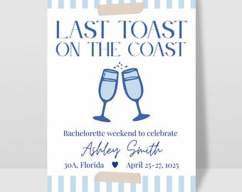 Last Toast on the Coast Bachelorette Party Invitation, Coastal Bachelorette Party, Beachy Bachelorette, Canva Editable Invite