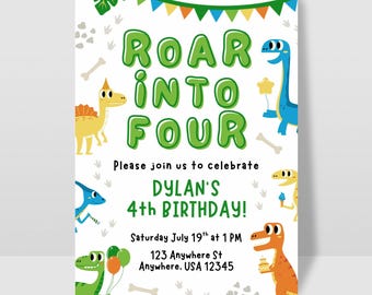 Dinosaur Boy 4th Birthday Invite, Boys Birthday Invite, Roar Into Four Birthday Party, Invitation and iPhone Evite, Editable Canva Template