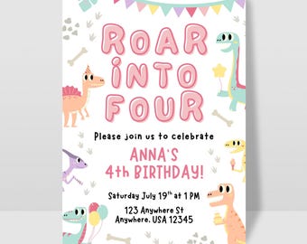 Dinosaur Girl 4th Birthday Invite, Girls Birthday Invite, Roar Into Four Birthday Party, Invitation and iPhone Evite, Editable Canva Invite