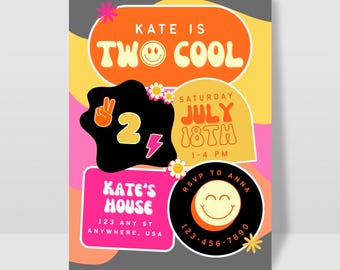 Two Groovy Birthday Invitation, 2nd Birthday Party, Girl’s Birthday Invitation, Second Birthday Party, Canva Invitation