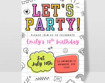 Girls Party Invitation, Editable Birthday Invitation, Canva Template, Colorful Birthday Template, Preppy Doodle Invite, Instant Download
