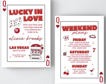Lucky In Love Bachelorette Party Invitation and Itinerary, Casino Bachelorette Party, Vegas Bachelorette Party, Canva Editable Template