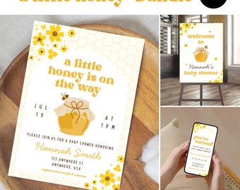 A Little Honey Is On The Way Baby Shower Bundle, A Little Honey Baby Shower, Honeybee Baby Shower, Canva Invitation, Baby Shower Bundle