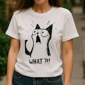What Cat T-Shirt – Funny Shocked Cat Graphic Tee – Cartoon Reaction Meme Shirt – Gift for Cat Lovers & Pet Parents – WTF Expression Shirt