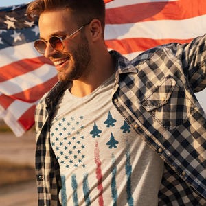 Camiseta con la bandera de EE. UU. y avión de combate: camiseta patriótica del 4 de julio