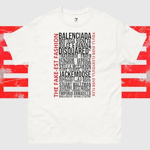 Parody Designer Brands T-Shirt | Fake Luxury Graphic Tee | Satirical Fashion Statement Shirt | Funny Bold Typography Unisex Tee