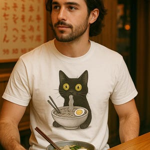 Camiseta de gato con fideos, camiseta de gato ramen, camisetas para amantes de la comida, camisetas de gato negro con fideos, camisetas retro de gato, sudaderas para amantes de los gatos, camiseta de gato negro