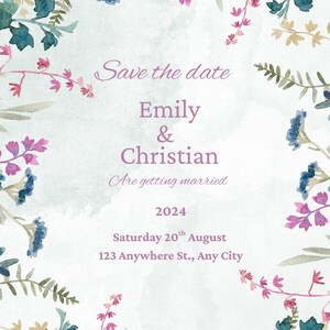 Cartão Floral Save the Date | Modelo de Convite de Casamento Editável | Anúncio Botânico Floral