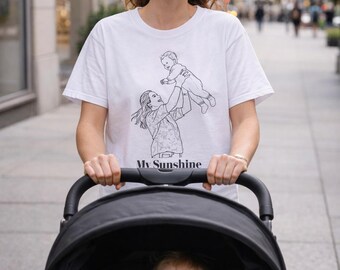 Personlig T-shirt med linjekonst, anpassad fototröja, min solskenmamma, babytröja, mors dag-present, anpassad familjeporträtt-tröja