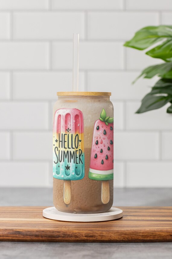 Colorful Summer Glass Cup – Ice Cream Watermelon Design, Lid