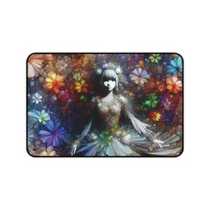Pode incluir: Tapete de rato retangular com um design de arte digital de uma figura rodeada por flores coloridas. A figura tem um vestido floral e uma coroa floral. O fundo é uma mistura de cores vibrantes.