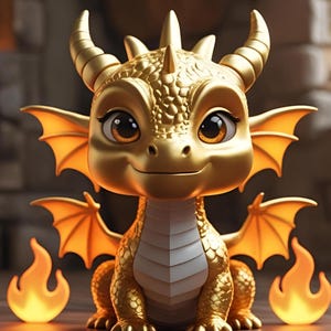 Póster de un dulce bebé dragón dorado (JPG, 29,7 x 42 cm, 302 ppp, muy alta calidad, tamaño A3), ideal para habitación infantil, imprimible, con IA.