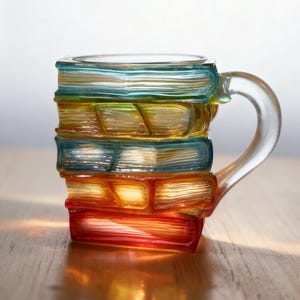 以下が含まれることがあります： カラフルな本が積み重なった形をした透明なガラスマグカップ。 マグカップは透明なハンドル付きで、青、緑、黄色、オレンジ、赤の層で塗装されています。 マグカップは木製の表面に置かれています。