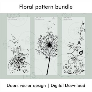 Peut inclure: Ensemble de motifs floraux pour portes, en noir et blanc. Chaque design mesure 1900 x 750 mm (74,8 x 29,5 pouces). Comprend un lys, un pissenlit et un arrangement floral. Le texte indique "Doors vector design | Digital Download."