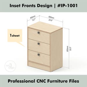 May include: A light wood-tone cabinet with three drawers, featuring dark square knobs. Dimensions are 40 cm wide, 60 cm long, and 85 cm high. The text "Inset Fronts Design" and "Professional CNC Furniture Files" are visible.