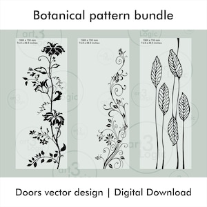 Op de afbeelding: Digitale download van drie zwarte botanische deurontwerpen. Elk ontwerp is 1900 x 750 mm (74,8 x 29,5 inch). De ontwerpen bevatten bloemen- en bladpatronen, perfect voor interieurdecoratieprojecten.