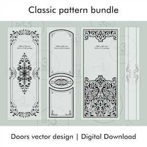 May include: A digital download featuring classic door vector designs. The image showcases three door designs with intricate black patterns on a light gray background. Dimensions are provided in inches and millimeters.
