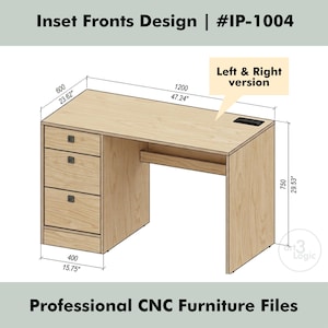 Puede incluir: Un escritorio de madera clara con tres cajones a la izquierda y una bandeja para teclado. El escritorio está etiquetado como "Inset Fronts Design" y "#IP-1004". Dimensiones en cm: 120 cm de largo, 60 cm de ancho y 75 cm de alto. El texto "Professional CNC Furniture Files" está en la parte inferior.